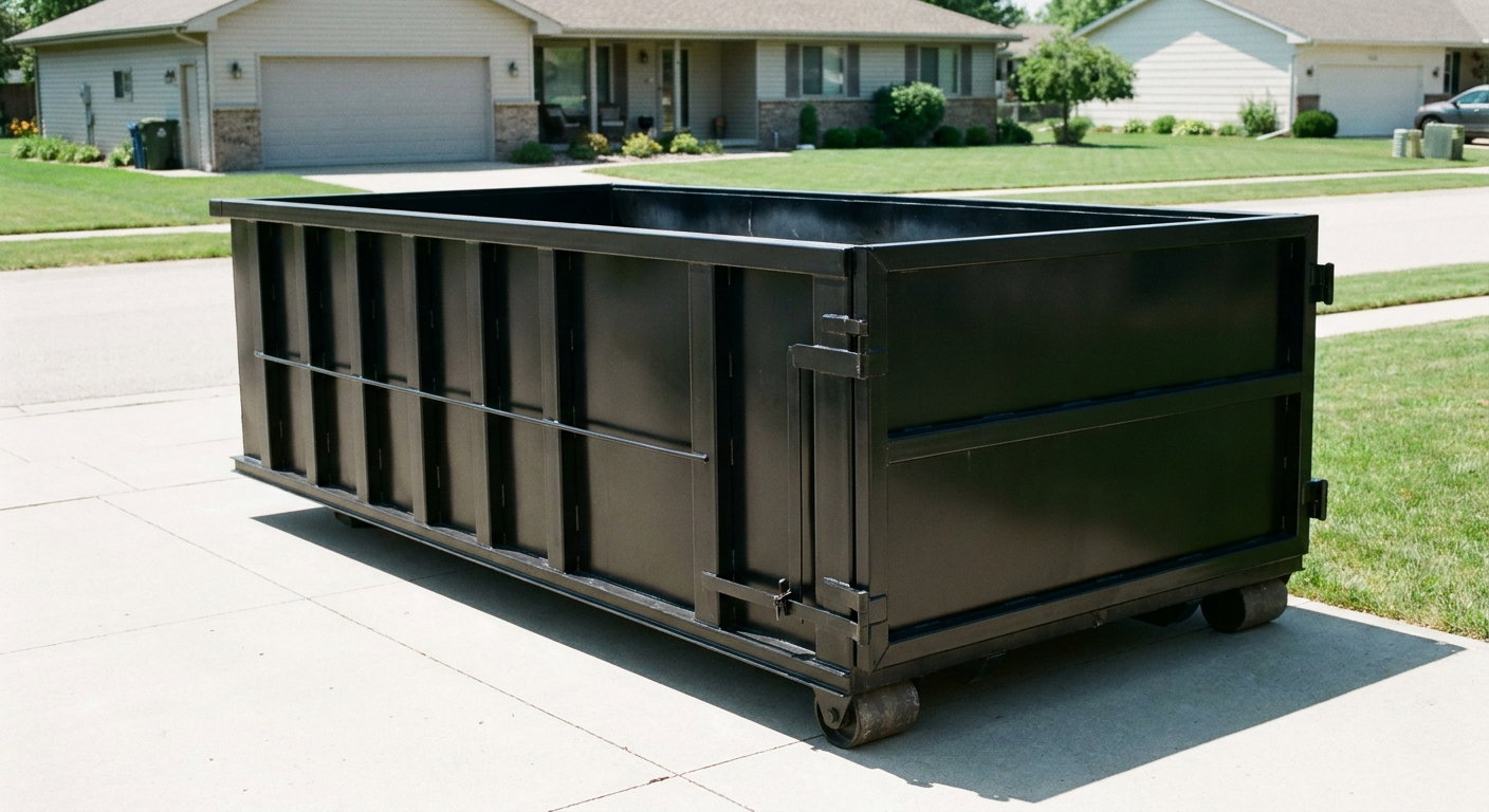 Matte-black 10-yard roll-off dumpster on a residential concrete driveway in Harrisonburg, uniformly painted matte black across every panel and rail, ribbed steel sidewalls and rear swing door visible, mid-day daylight.