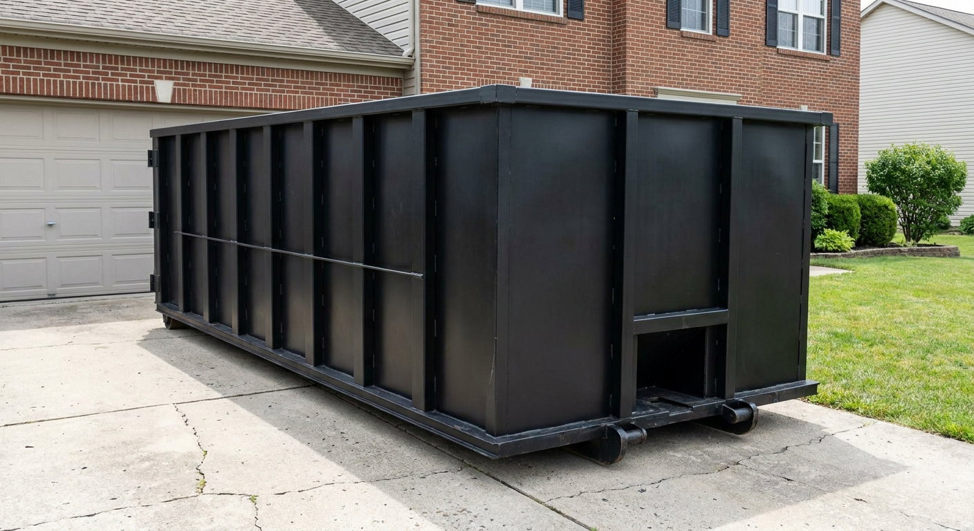 Matte-black 20-yard roll-off container on a Harrisonburg residential concrete driveway with reinforced ribbed steel sidewalls and a hinged rear walk-in door, clean bright daylight.