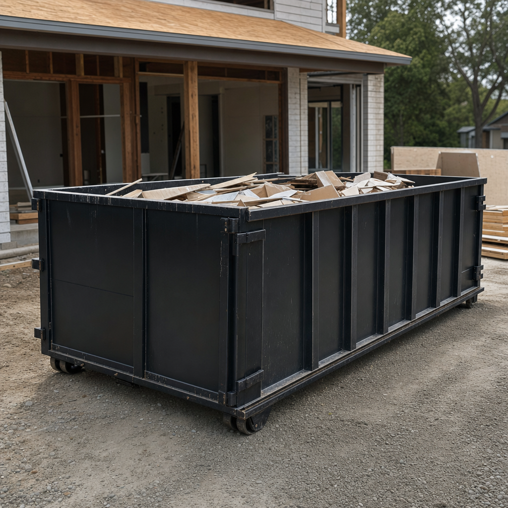 Large matte-black 30-yard construction roll-off dumpster at an active Harrisonburg jobsite, steel-gray top rails and bottom rollers visible, loaded with construction debris.