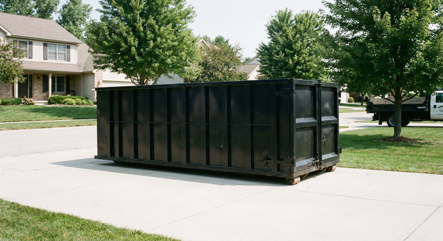 Matte-black 20-yard roll-off dumpster sitting level on a clean Harrisonburg residential concrete driveway under bright daylight, demonstrating clean placement directly on the concrete.